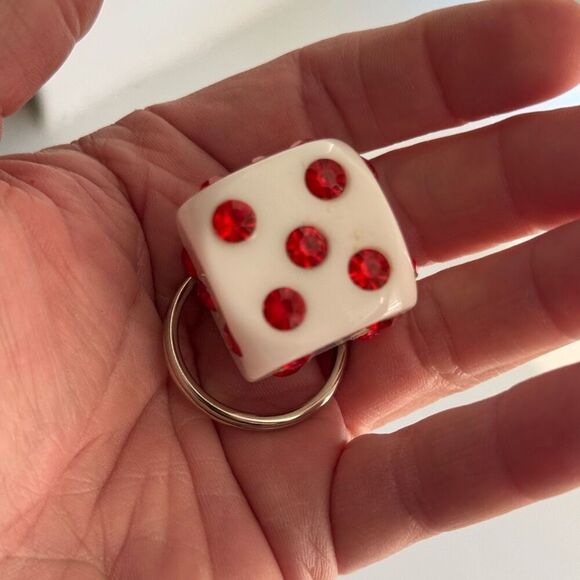 Vintage Lucky White Dice Keychain With Red Rhinestones - Picture 7 of 7